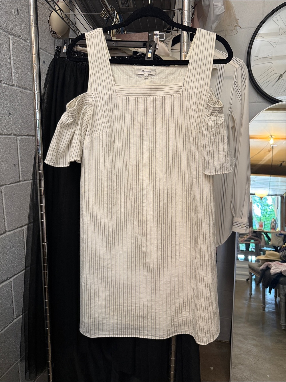 Madewell Ivory Dress with Thin Black Pinstripes